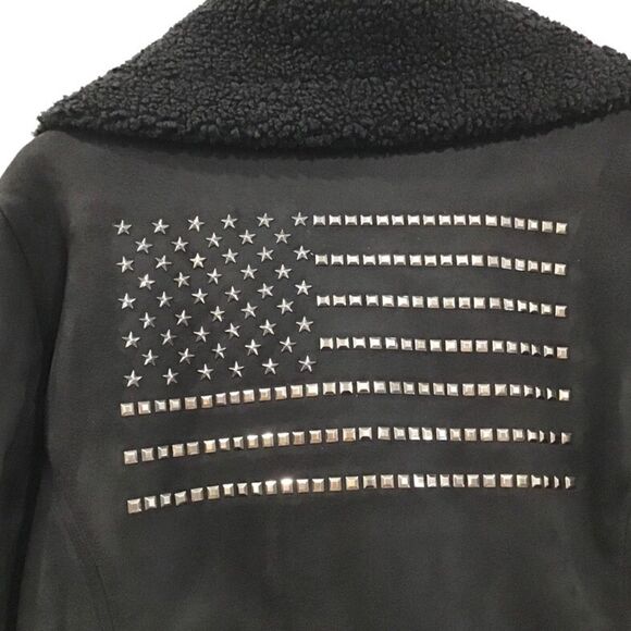 Black Faux Suede Faux Sherpa Moto Jacket, Size M - Picture 9 of 11